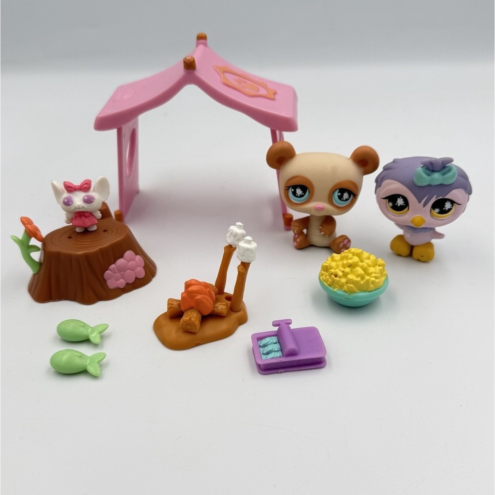 Littlest Pet Shop #924 #925 Panda‎ Purple Owl Camping Set Messiest Incomplete